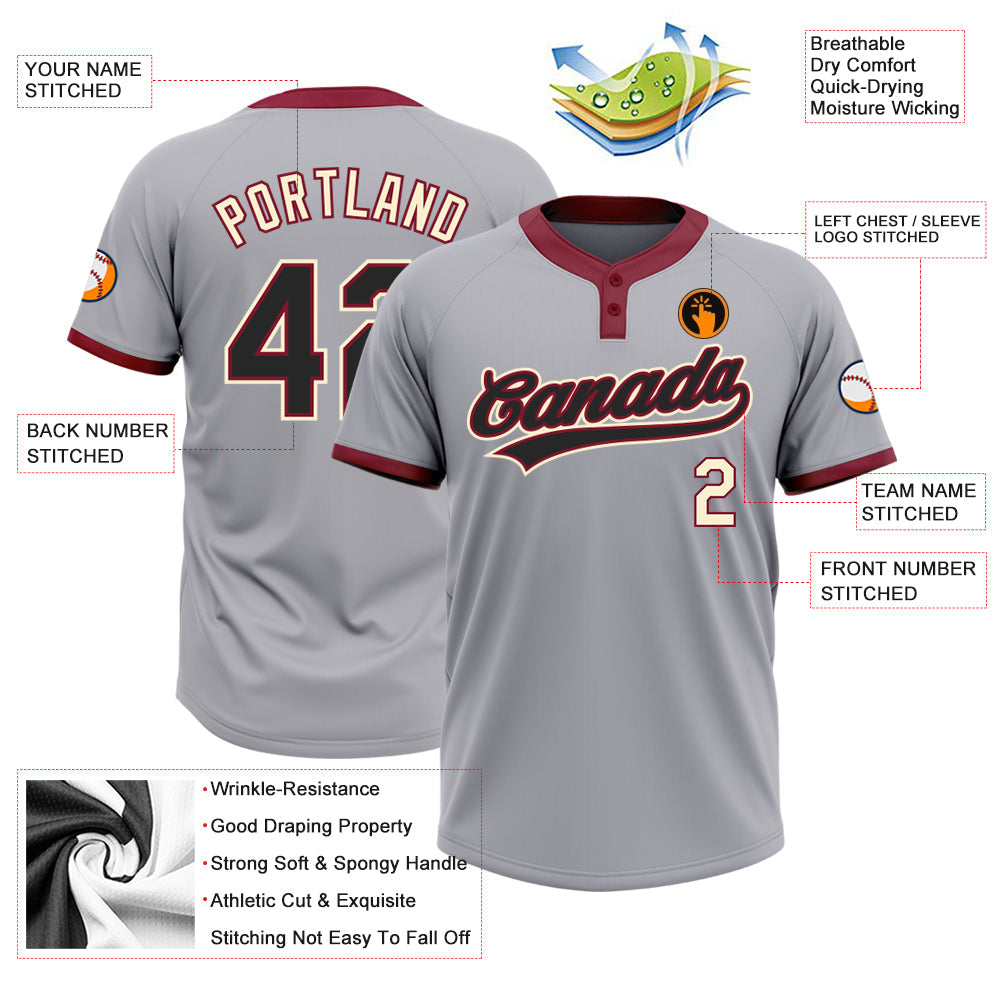 Custom Gray Black Crimson-Cream Two-Button Unisex Softball Jersey view 3
