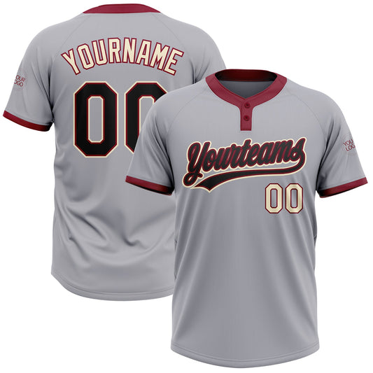Custom Gray Black Crimson-Cream Two-Button Unisex Softball Jersey - Main View