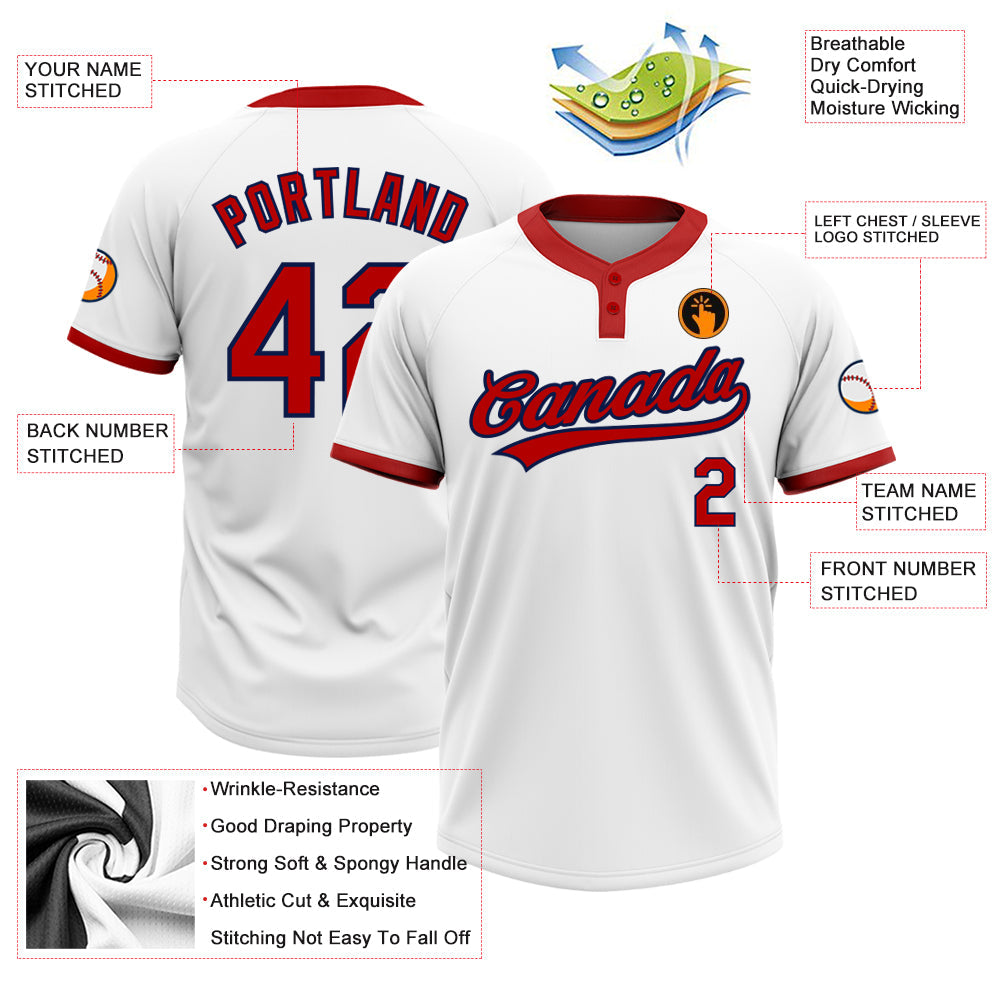 Custom White Red-Navy Two-Button Unisex Softball Jersey view 3