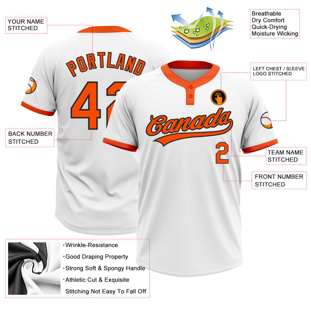 Custom White Orange-Black Two-Button Unisex Softball Jersey view 3