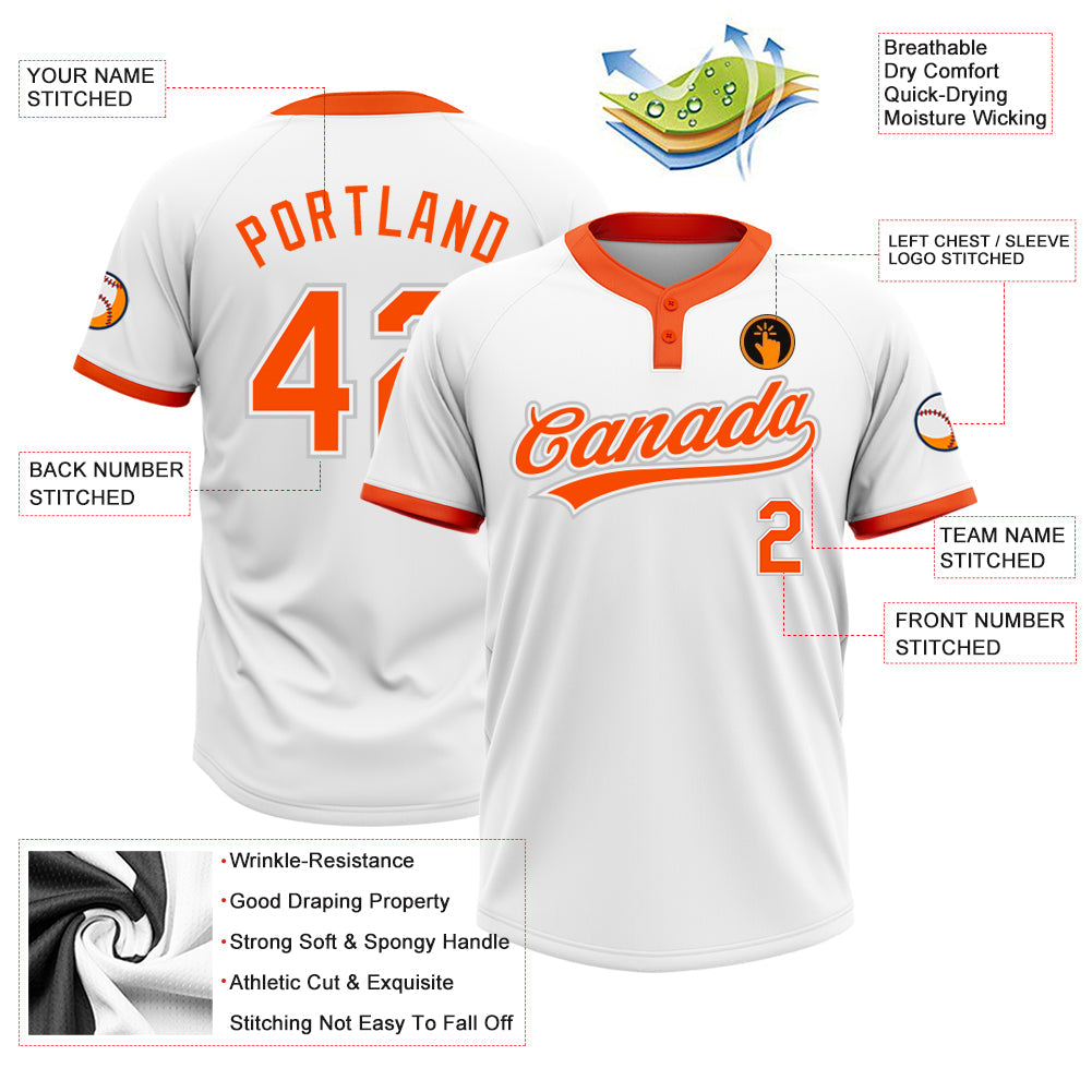 Custom White Orange-Gray Two-Button Unisex Softball Jersey view 3