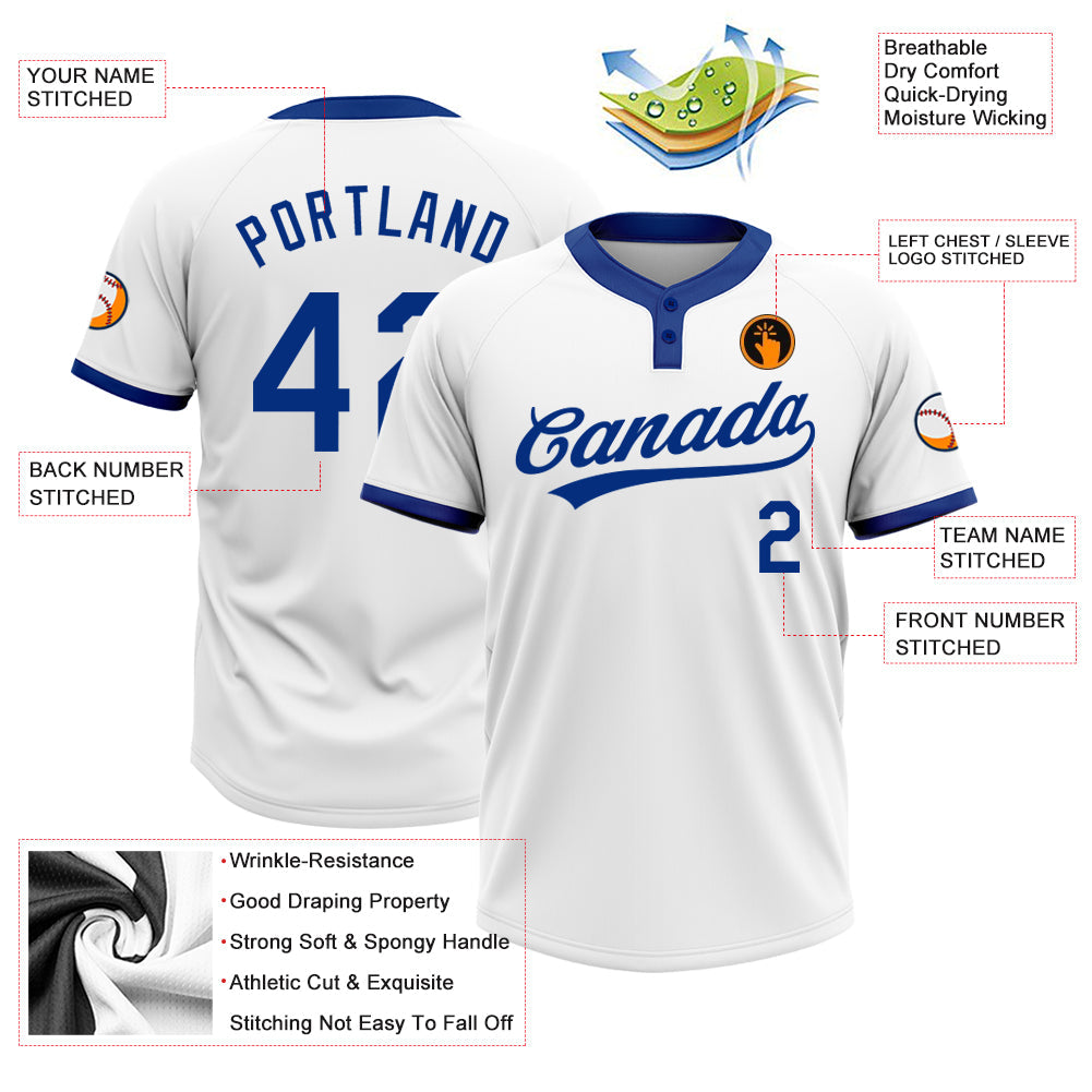 Custom White Royal Two-Button Unisex Softball Jersey view 3
