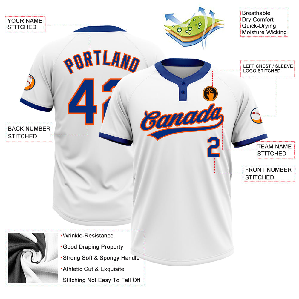 Custom White Royal-Orange Two-Button Unisex Softball Jersey view 3