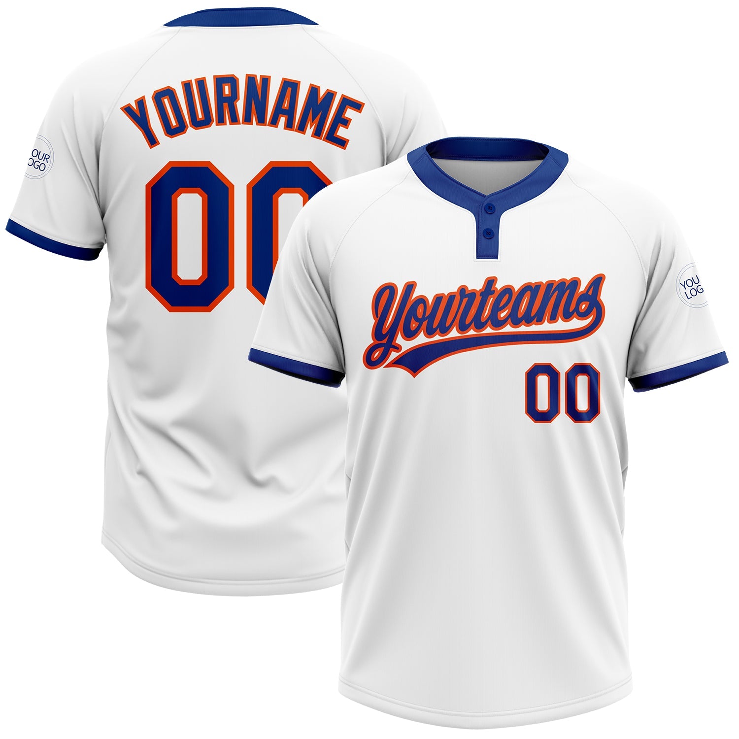 Custom White Royal-Orange Two-Button Unisex Softball Jersey - Main View