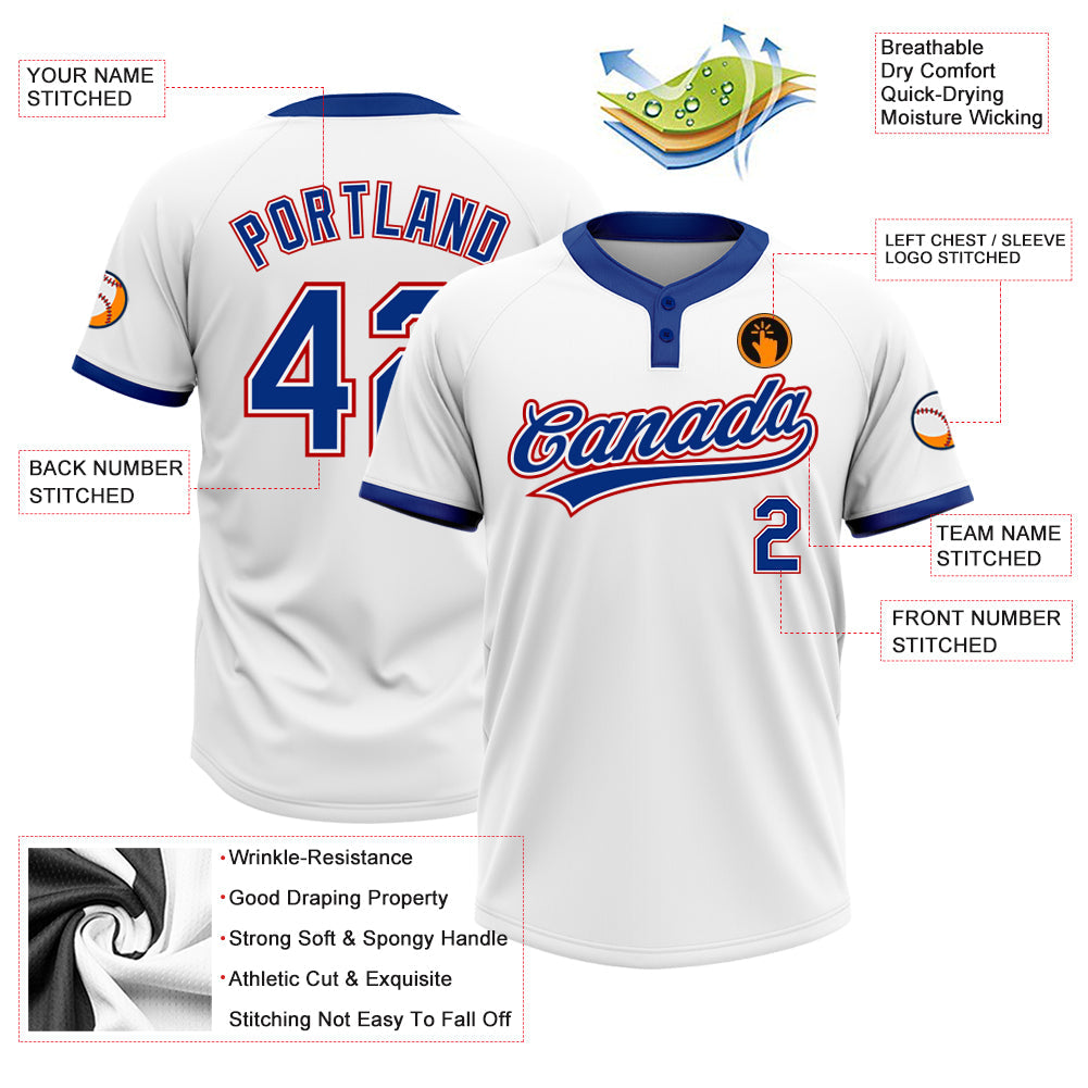 Custom White Royal-Red Two-Button Unisex Softball Jersey view 3
