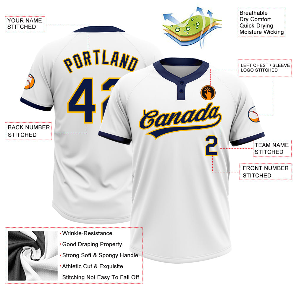 Custom White Navy-Gold Two-Button Unisex Softball Jersey view 3