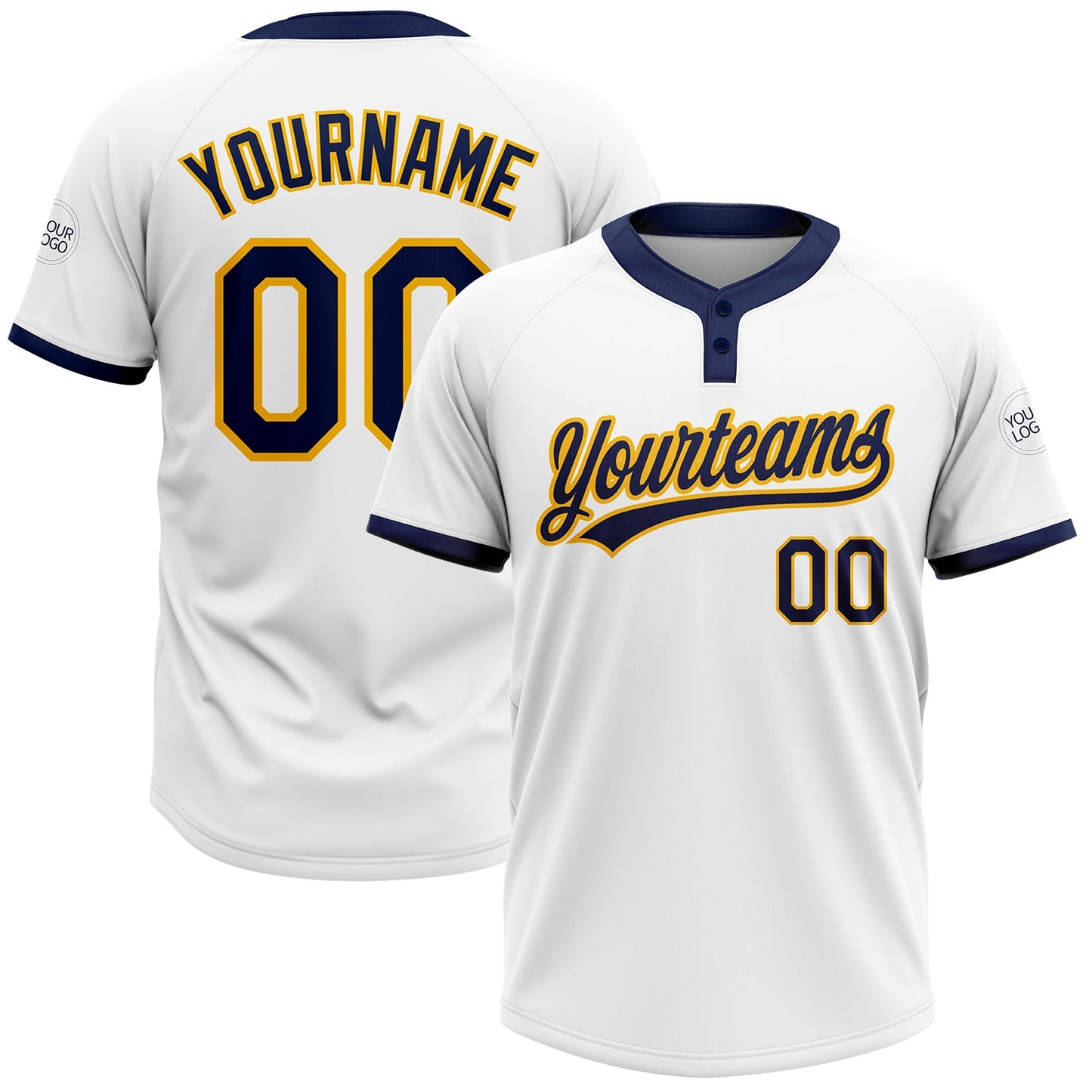 Custom White Navy-Gold Two-Button Unisex Softball Jersey - Main View