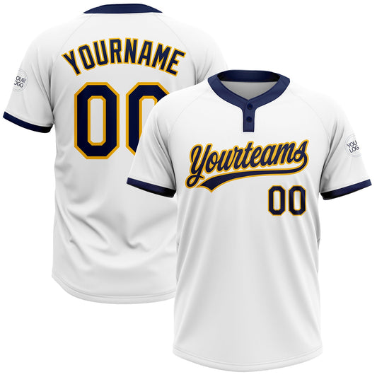 Custom White Navy-Gold Two-Button Unisex Softball Jersey - Main View