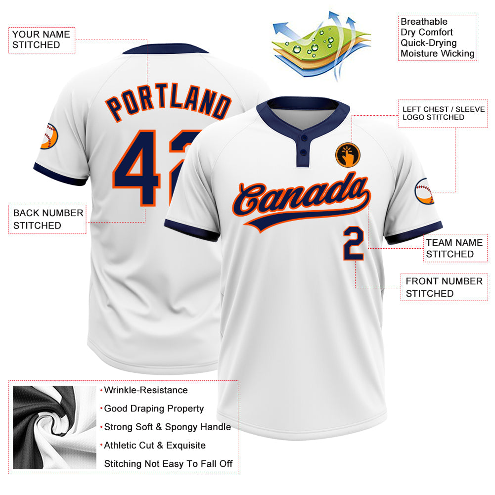Custom White Navy-Orange Two-Button Unisex Softball Jersey view 3