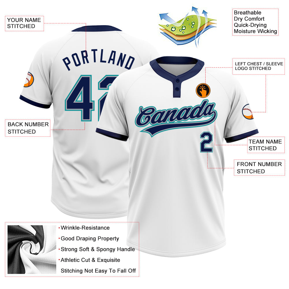 Custom White Navy Gray-Teal Two-Button Unisex Softball Jersey view 3