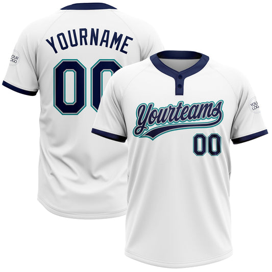 Custom White Navy Gray-Teal Two-Button Unisex Softball Jersey - Main View