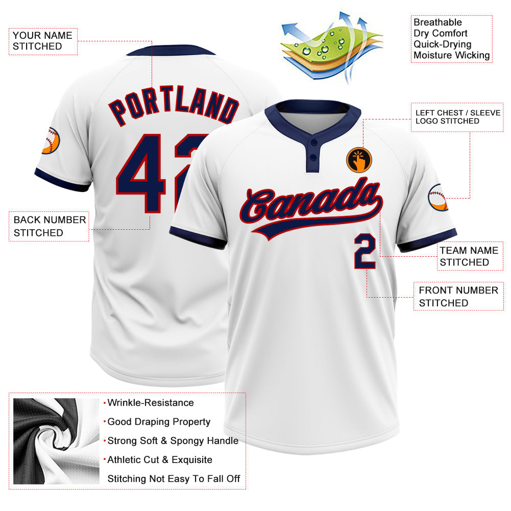 Custom White Navy-Red Two-Button Unisex Softball Jersey view 3