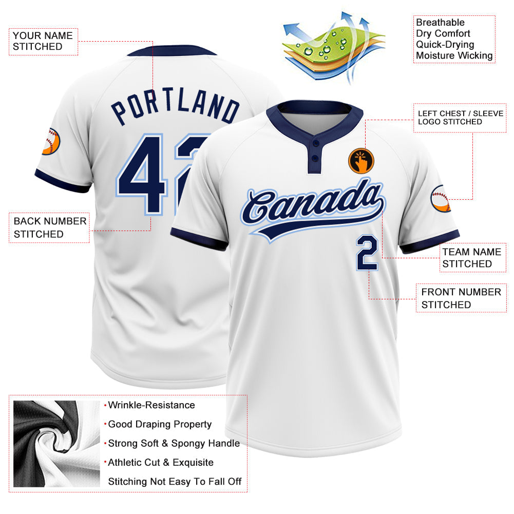 Custom White Navy-Powder Blue Two-Button Unisex Softball Jersey view 3