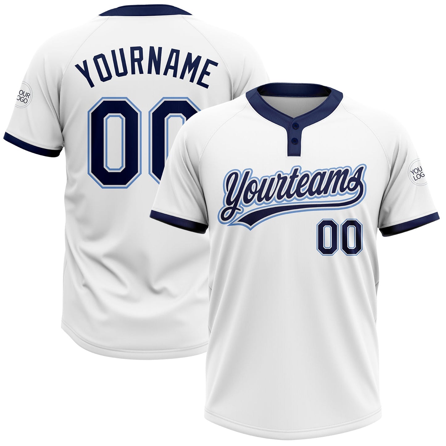 Custom White Navy-Powder Blue Two-Button Unisex Softball Jersey - Main View