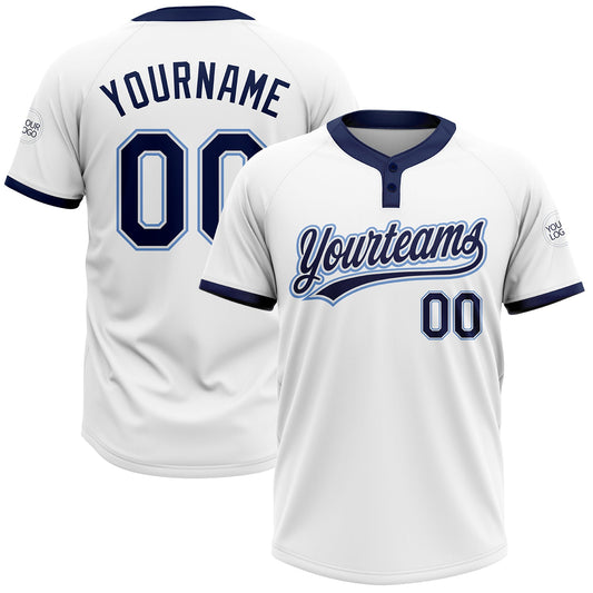Custom White Navy-Powder Blue Two-Button Unisex Softball Jersey - Main View
