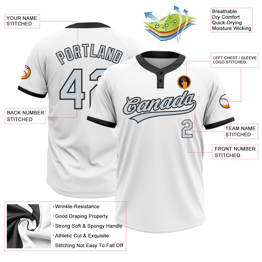 Custom White Silver-Black Two-Button Unisex Softball Jersey view 3