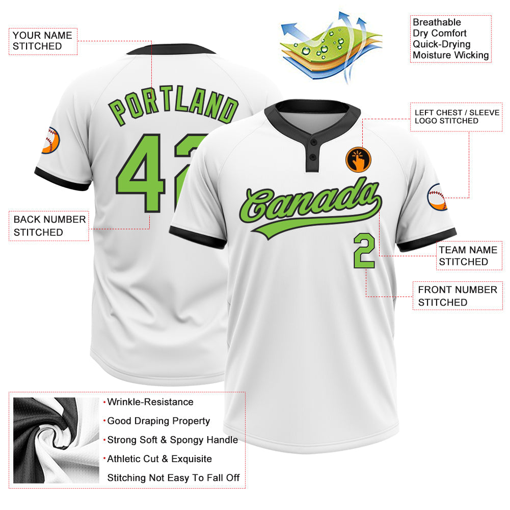 Custom White Neon Green-Black Two-Button Unisex Softball Jersey view 3