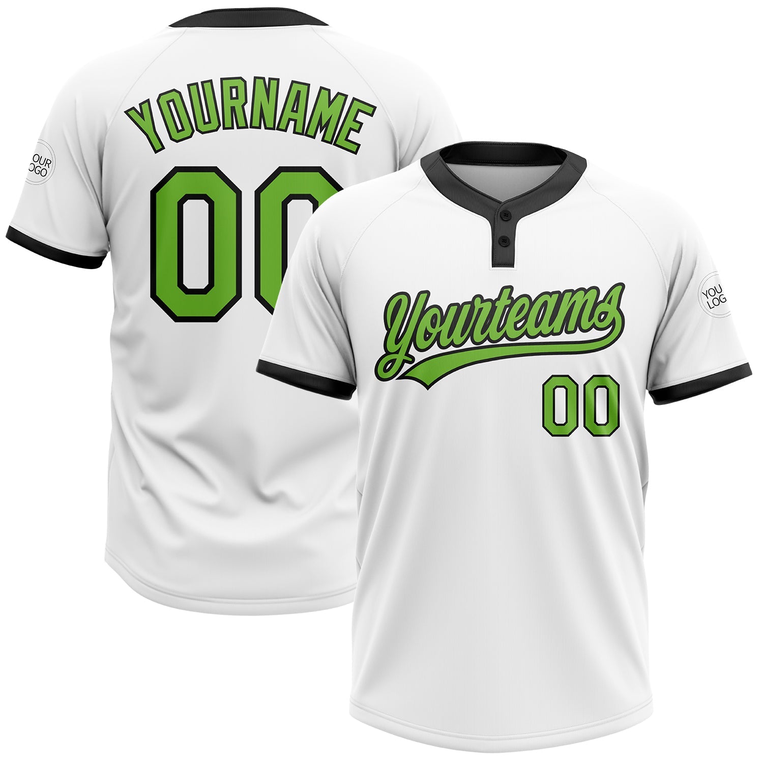 Custom White Neon Green-Black Two-Button Unisex Softball Jersey - Main View