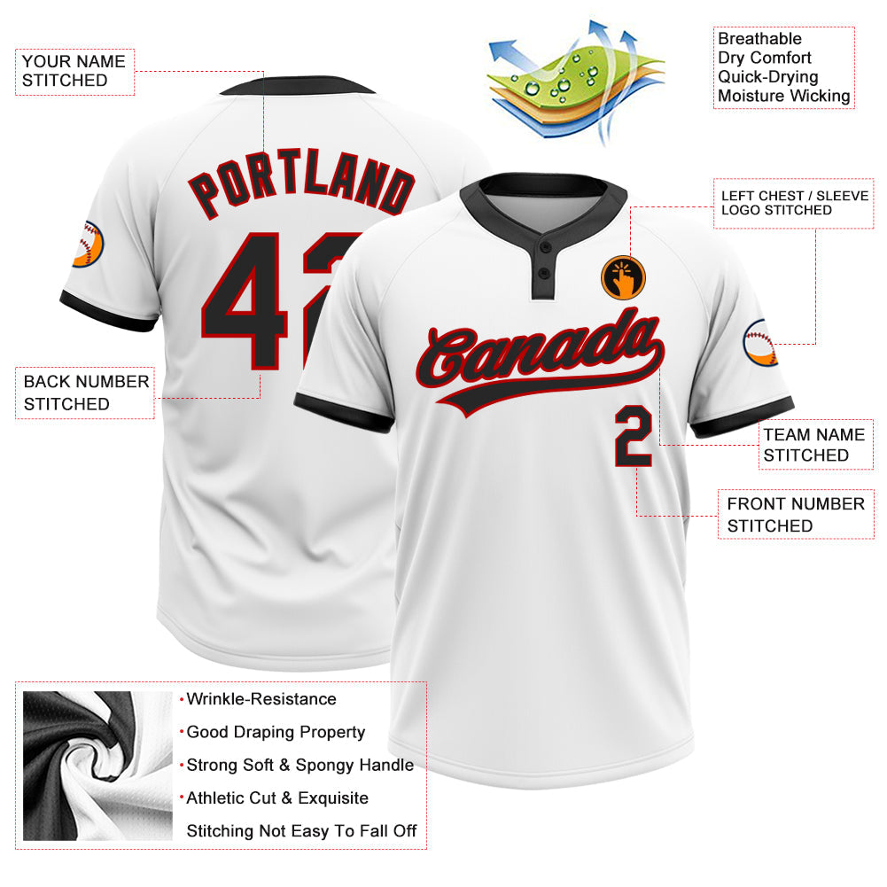 Custom White Black-Red Two-Button Unisex Softball Jersey view 3