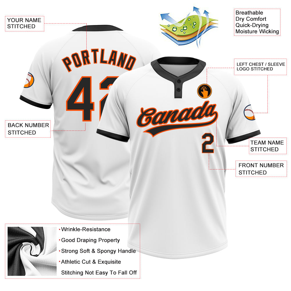 Custom White Black-Orange Two-Button Unisex Softball Jersey view 3