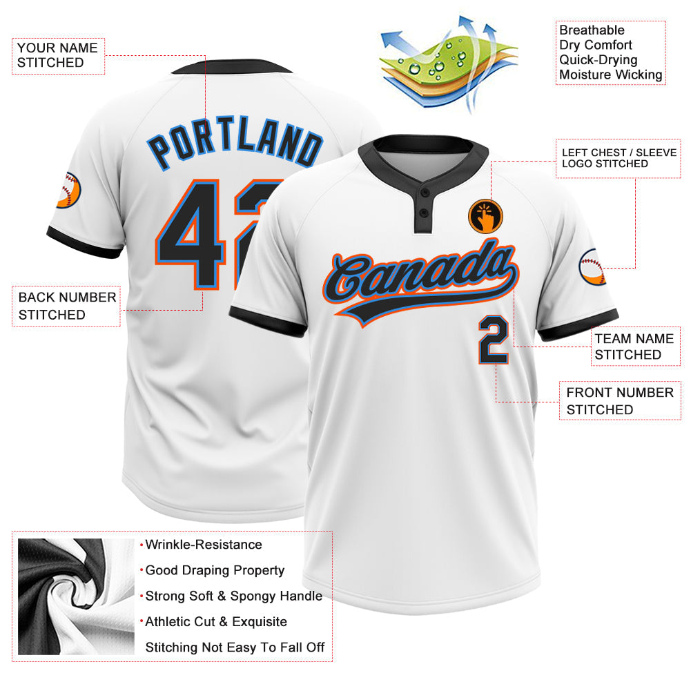 Custom White Black Powder Blue-Orange Two-Button Unisex Softball Jersey view 3