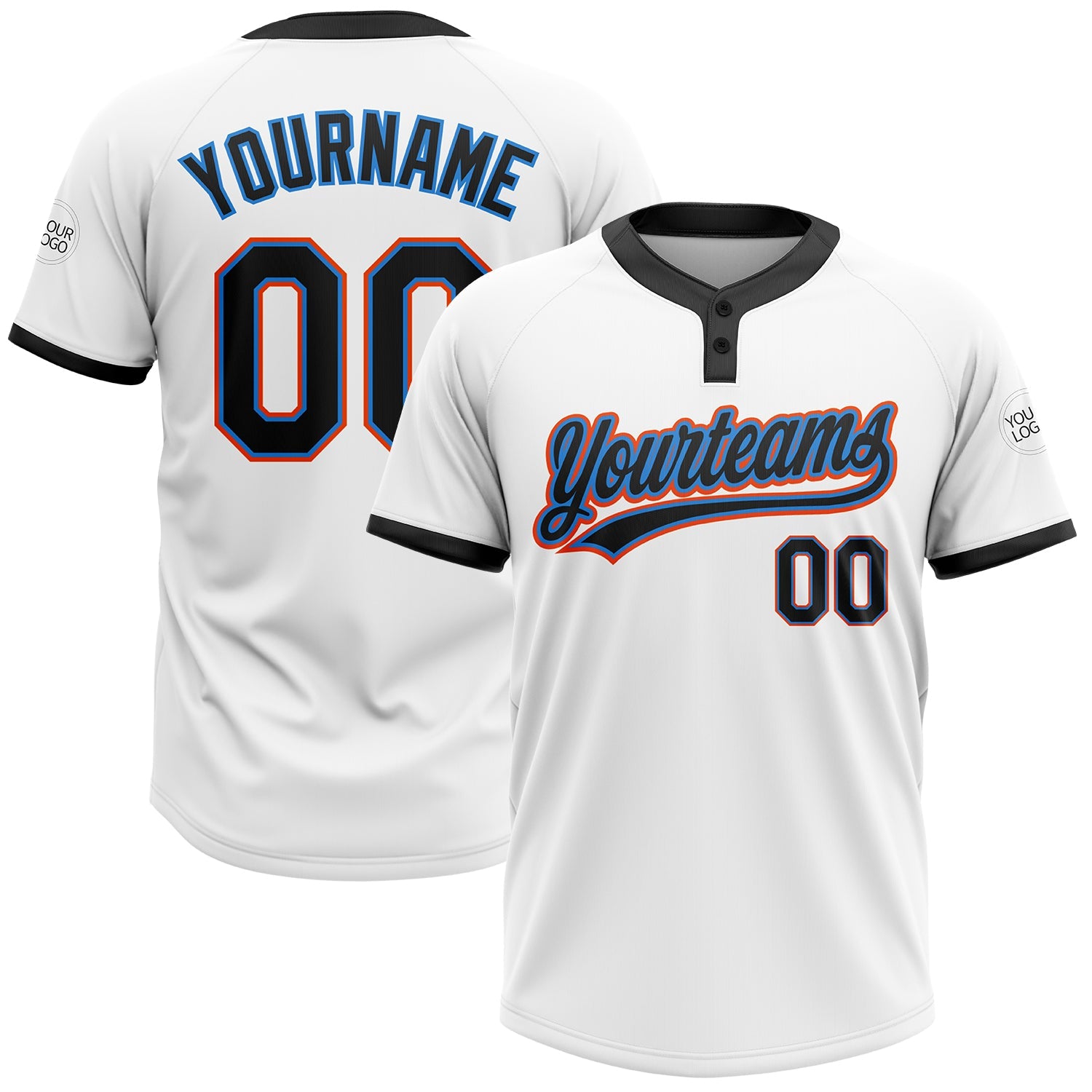 Custom White Black Powder Blue-Orange Two-Button Unisex Softball Jersey - Main View