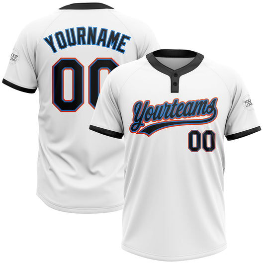 Custom White Black Powder Blue-Orange Two-Button Unisex Softball Jersey - Main View