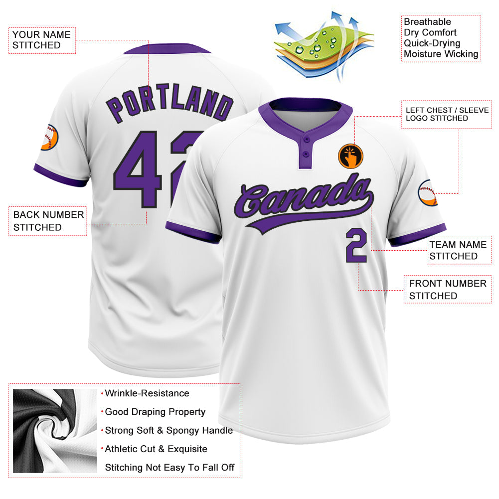 Custom White Purple-Black Two-Button Unisex Softball Jersey view 3