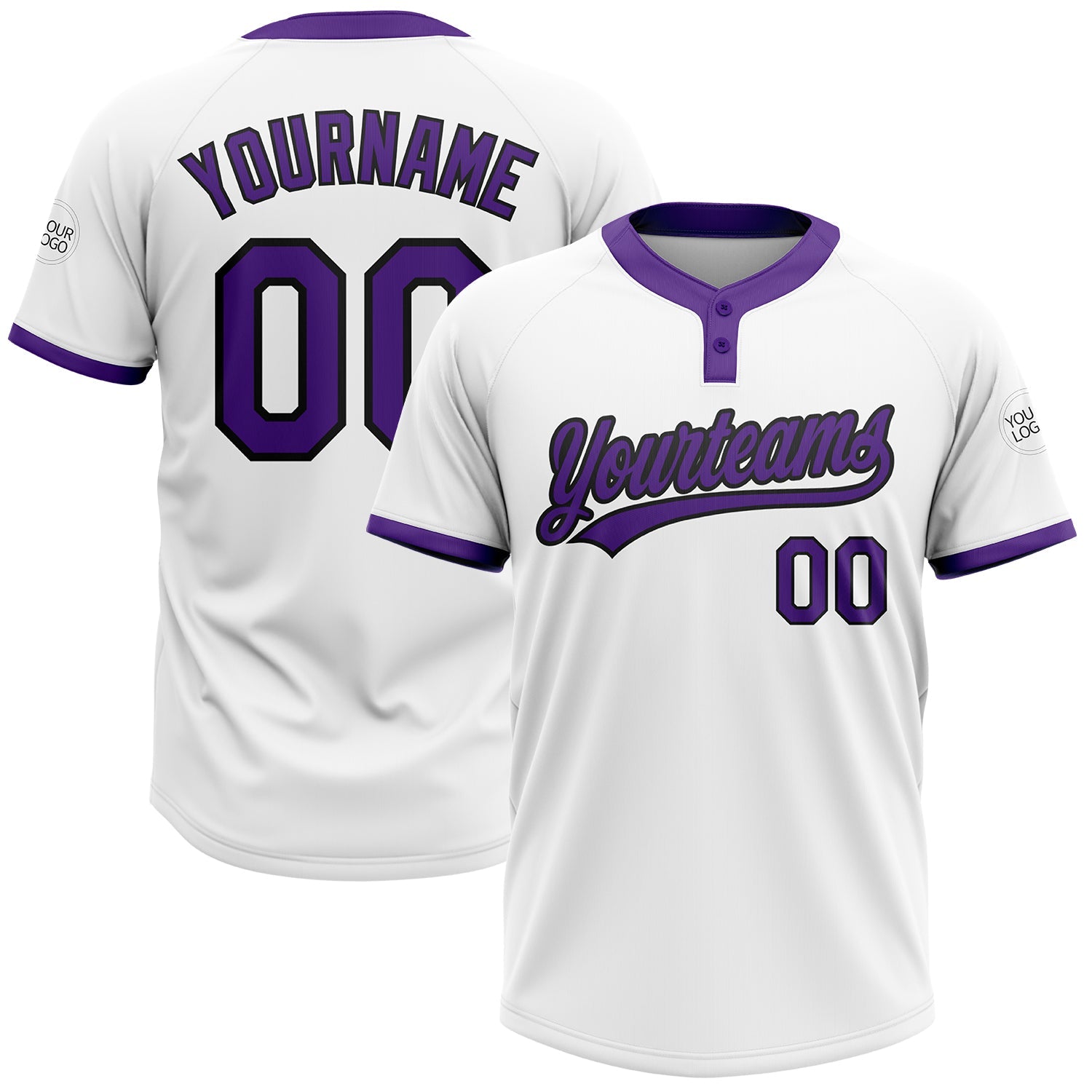 Custom White Purple-Black Two-Button Unisex Softball Jersey - Main View
