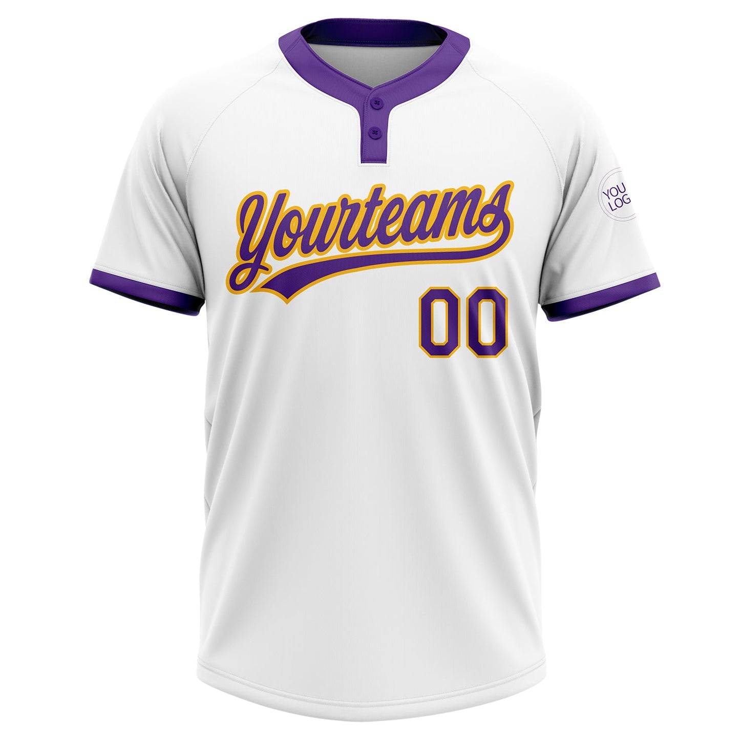 Custom White Purple-Gold Two-Button Unisex Softball Jersey view 2