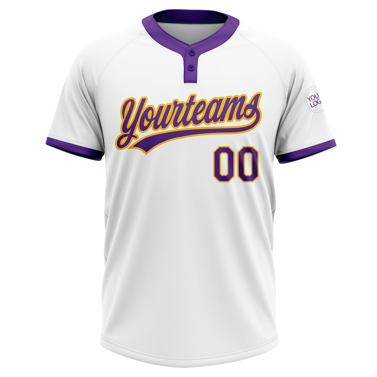Custom White Purple-Gold Two-Button Unisex Softball Jersey view 2
