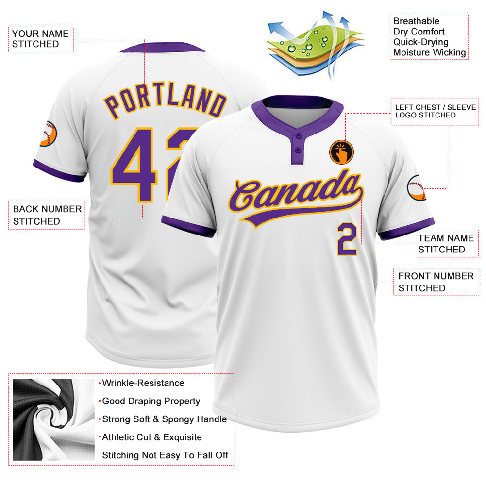 Custom White Purple-Gold Two-Button Unisex Softball Jersey view 3