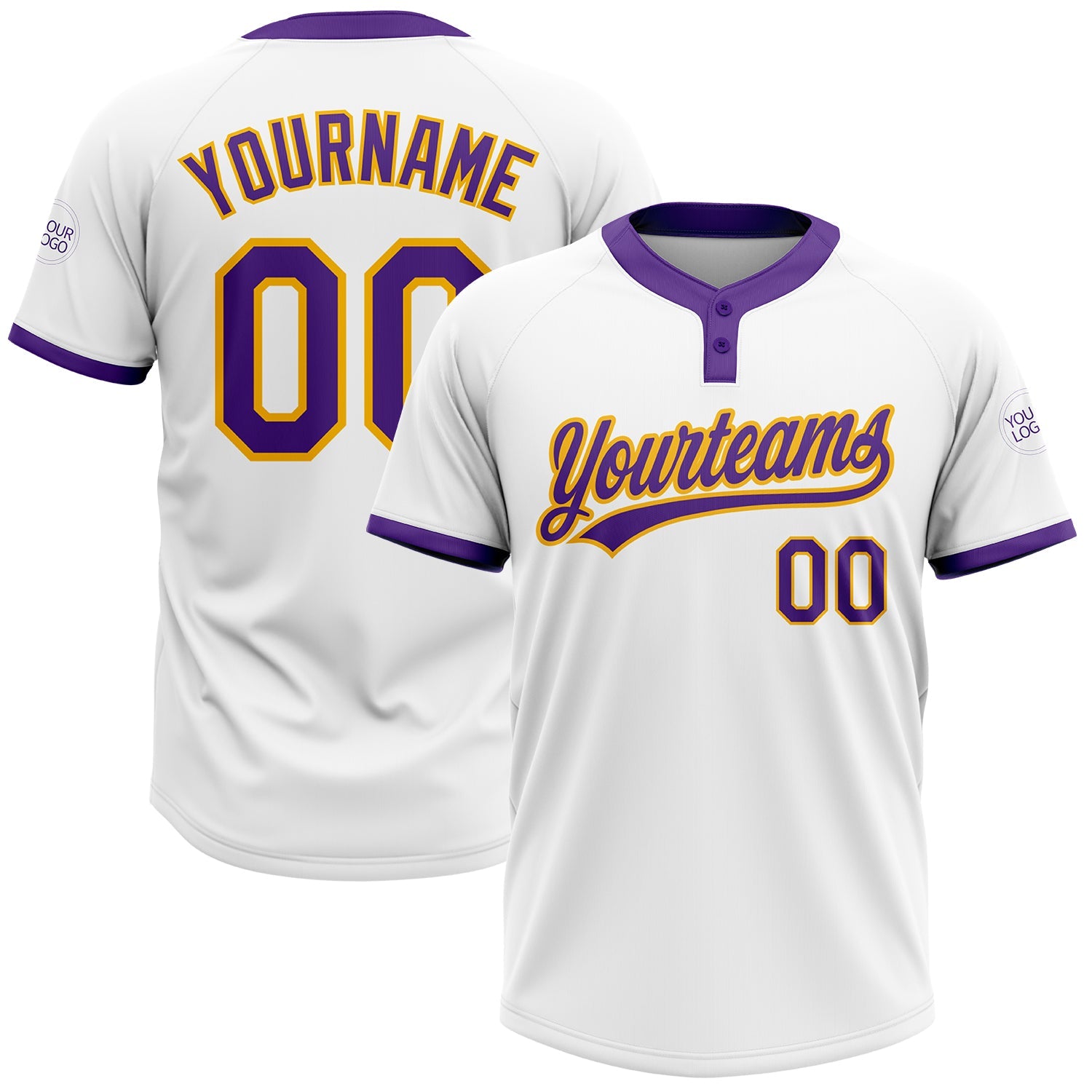 Custom White Purple-Gold Two-Button Unisex Softball Jersey - Main View