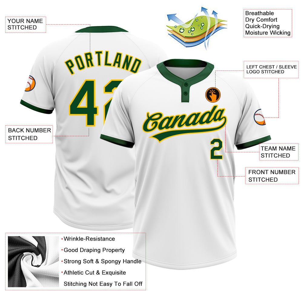 Custom White Green-Gold Two-Button Unisex Softball Jersey view 3