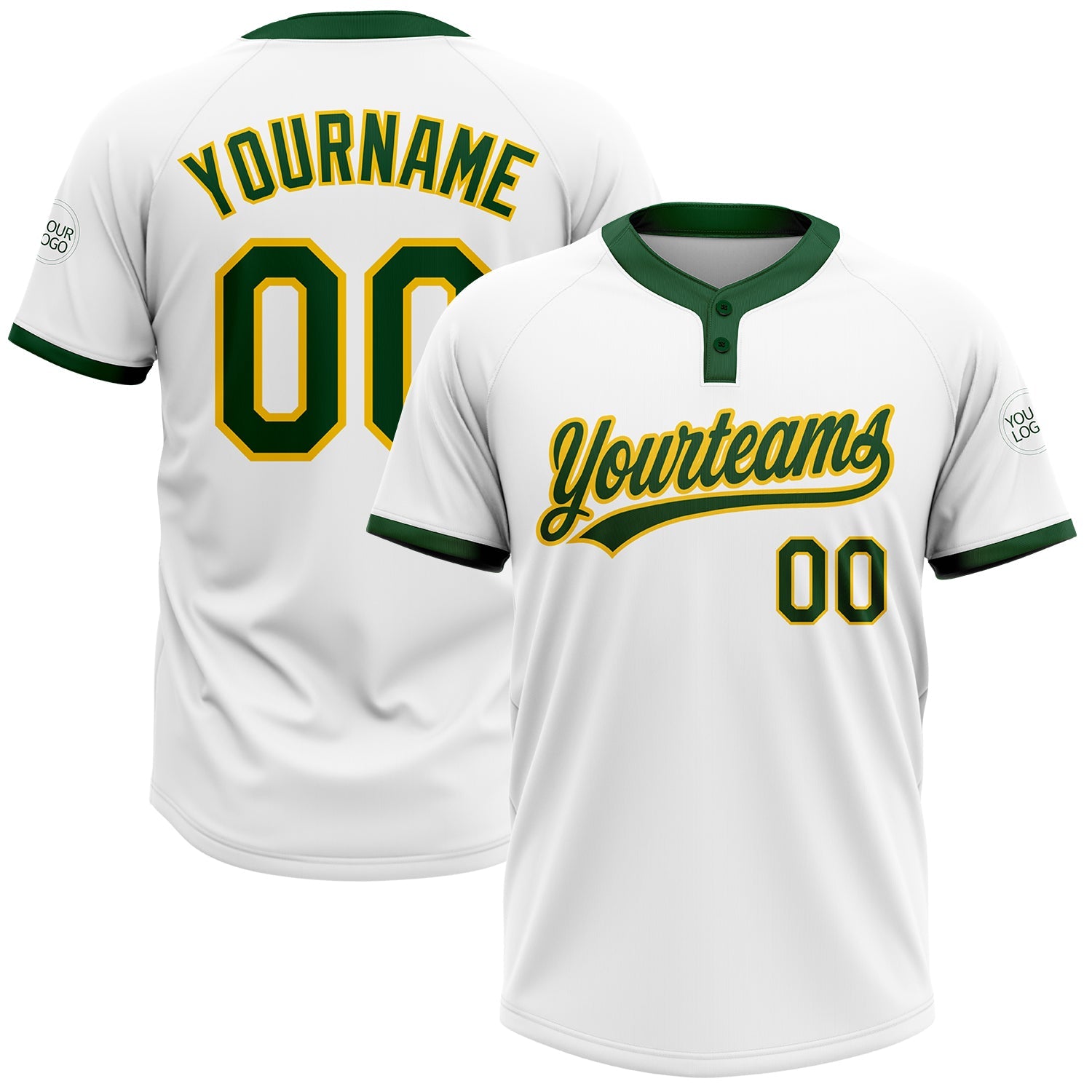 Custom White Green-Gold Two-Button Unisex Softball Jersey - Main View