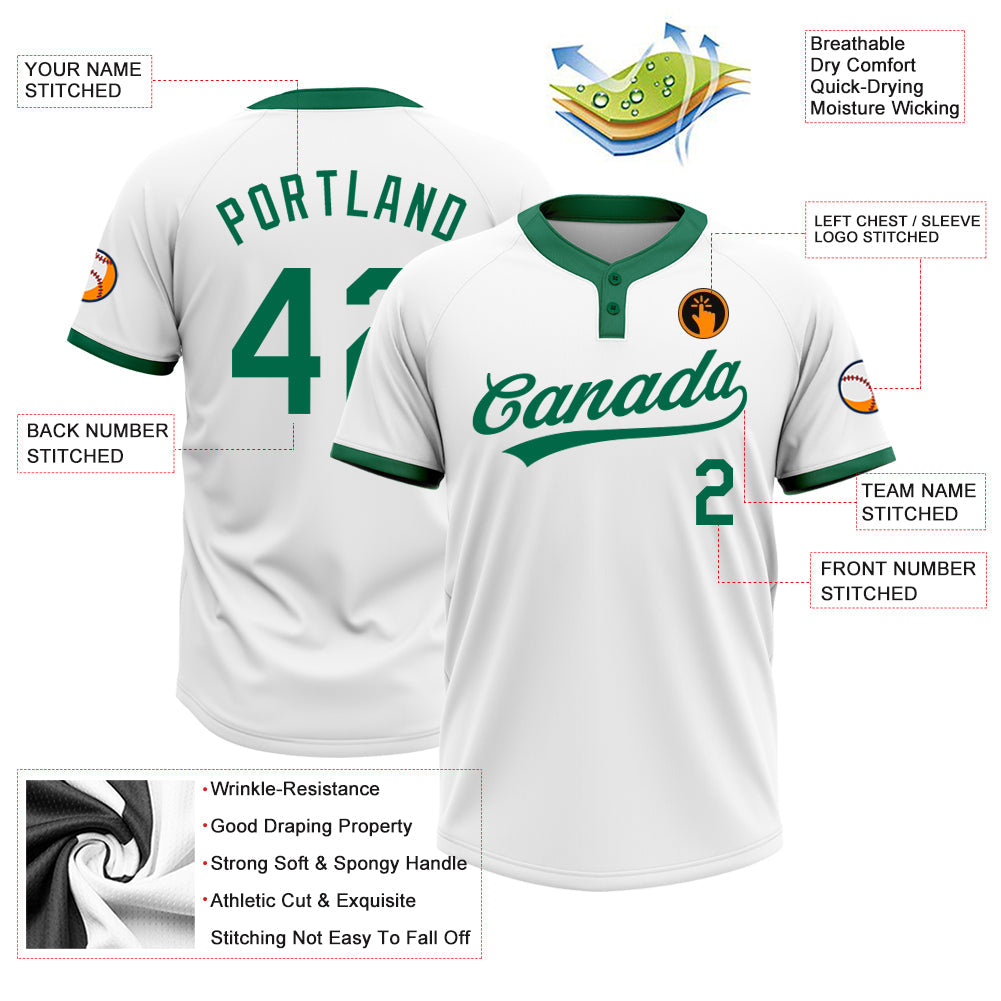 Custom White Kelly Green Two-Button Unisex Softball Jersey view 3