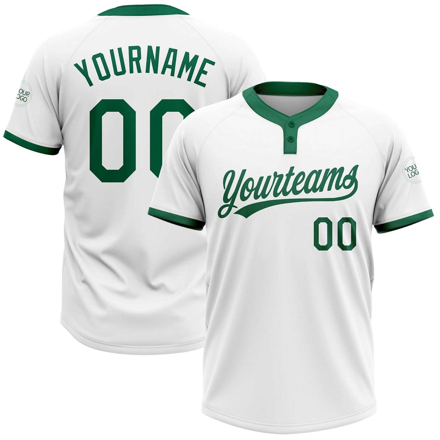 Custom White Kelly Green Two-Button Unisex Softball Jersey - Main View