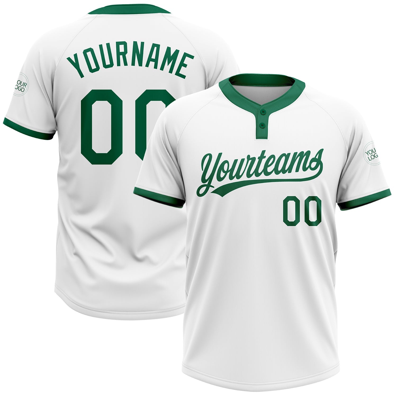 Custom White Kelly Green Two-Button Unisex Softball Jersey - Main View