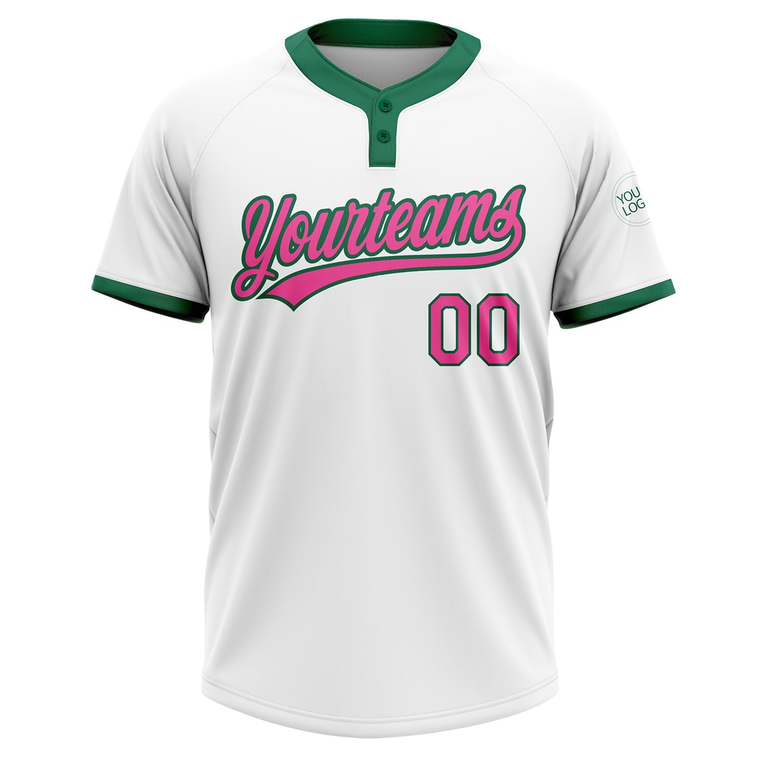 Custom White Pink-Kelly Green Two-Button Unisex Softball Jersey view 2