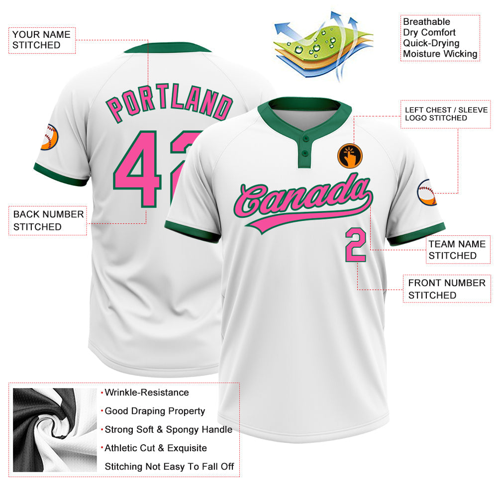 Custom White Pink-Kelly Green Two-Button Unisex Softball Jersey view 3