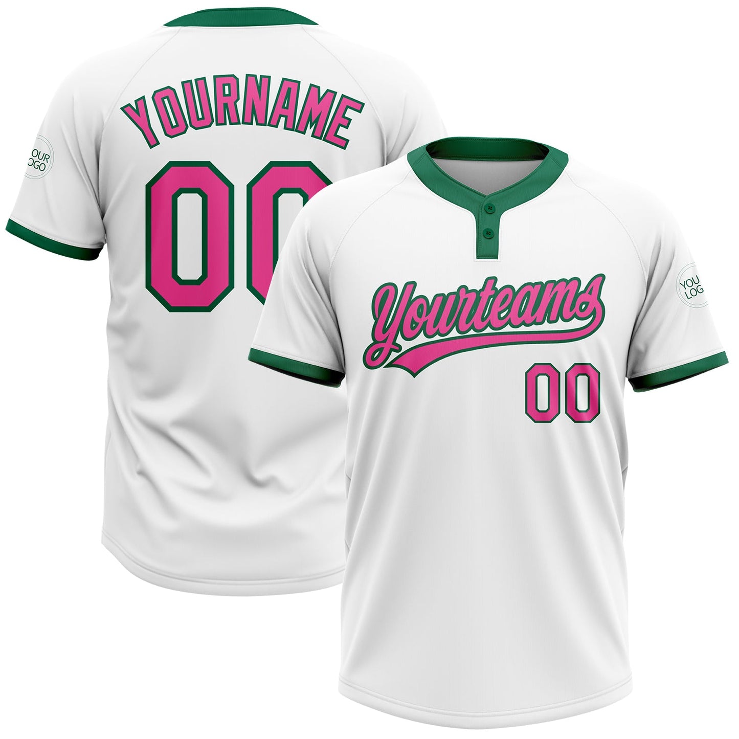 Custom White Pink-Kelly Green Two-Button Unisex Softball Jersey - Main View