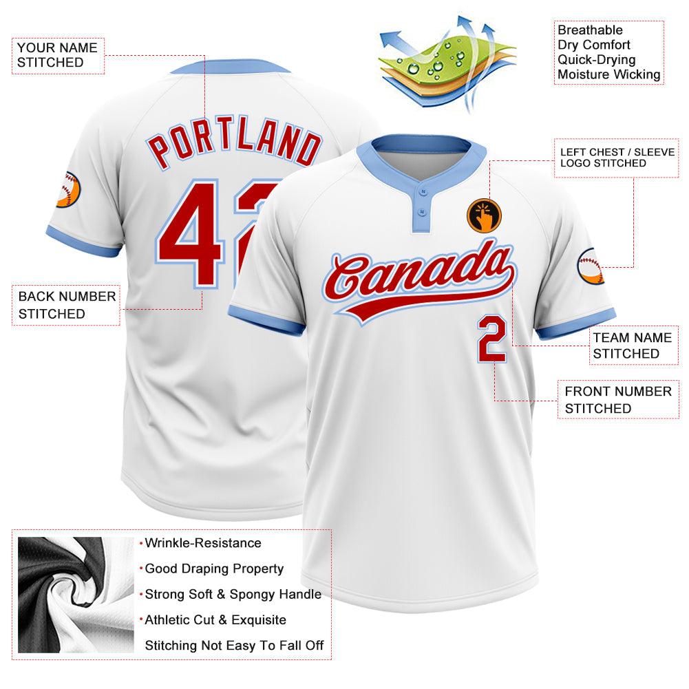 Custom White Red-Light Blue Two-Button Unisex Softball Jersey view 3
