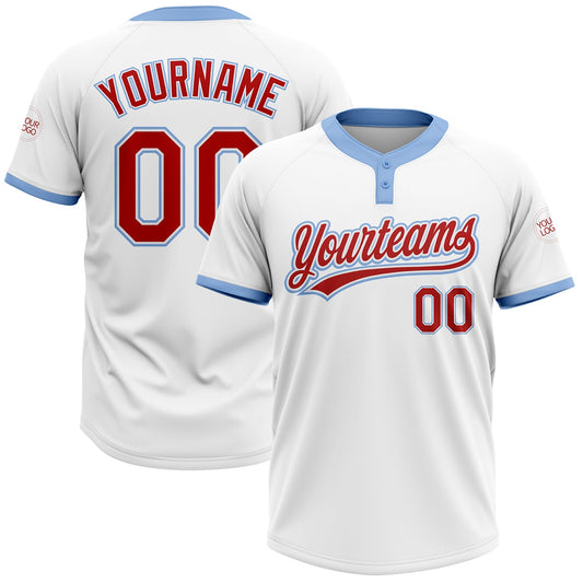 Custom White Red-Light Blue Two-Button Unisex Softball Jersey - Main View