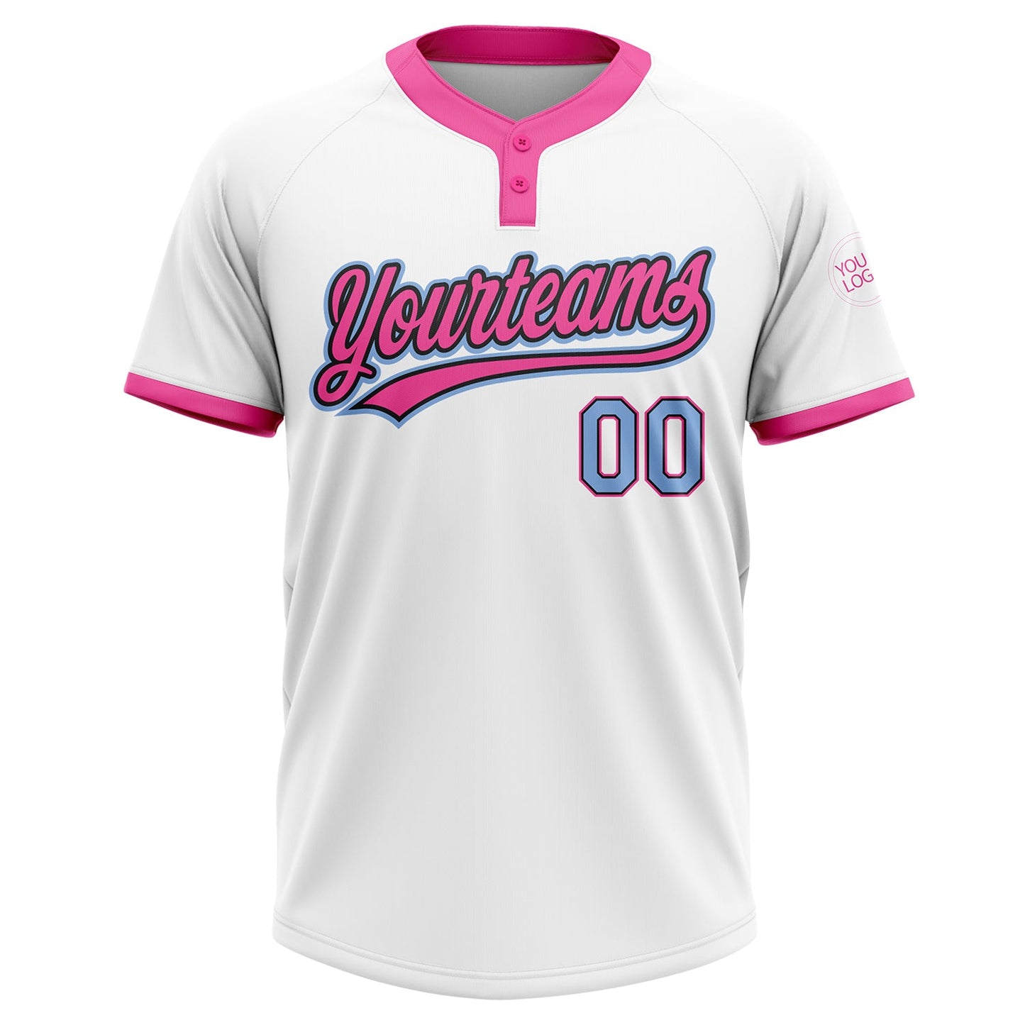 Custom White Light Blue Black-Pink Two-Button Unisex Softball Jersey view 2
