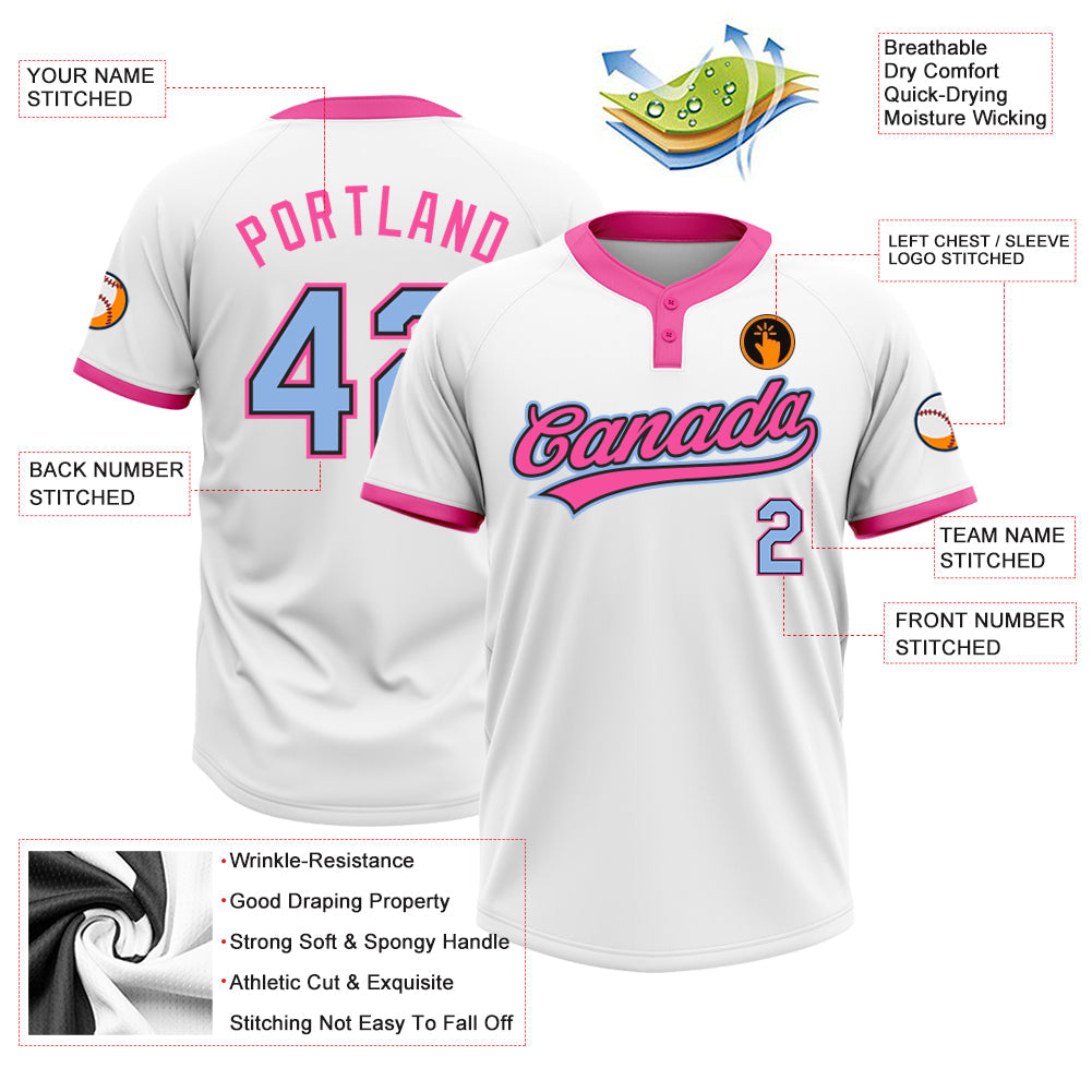 Custom White Light Blue Black-Pink Two-Button Unisex Softball Jersey view 3