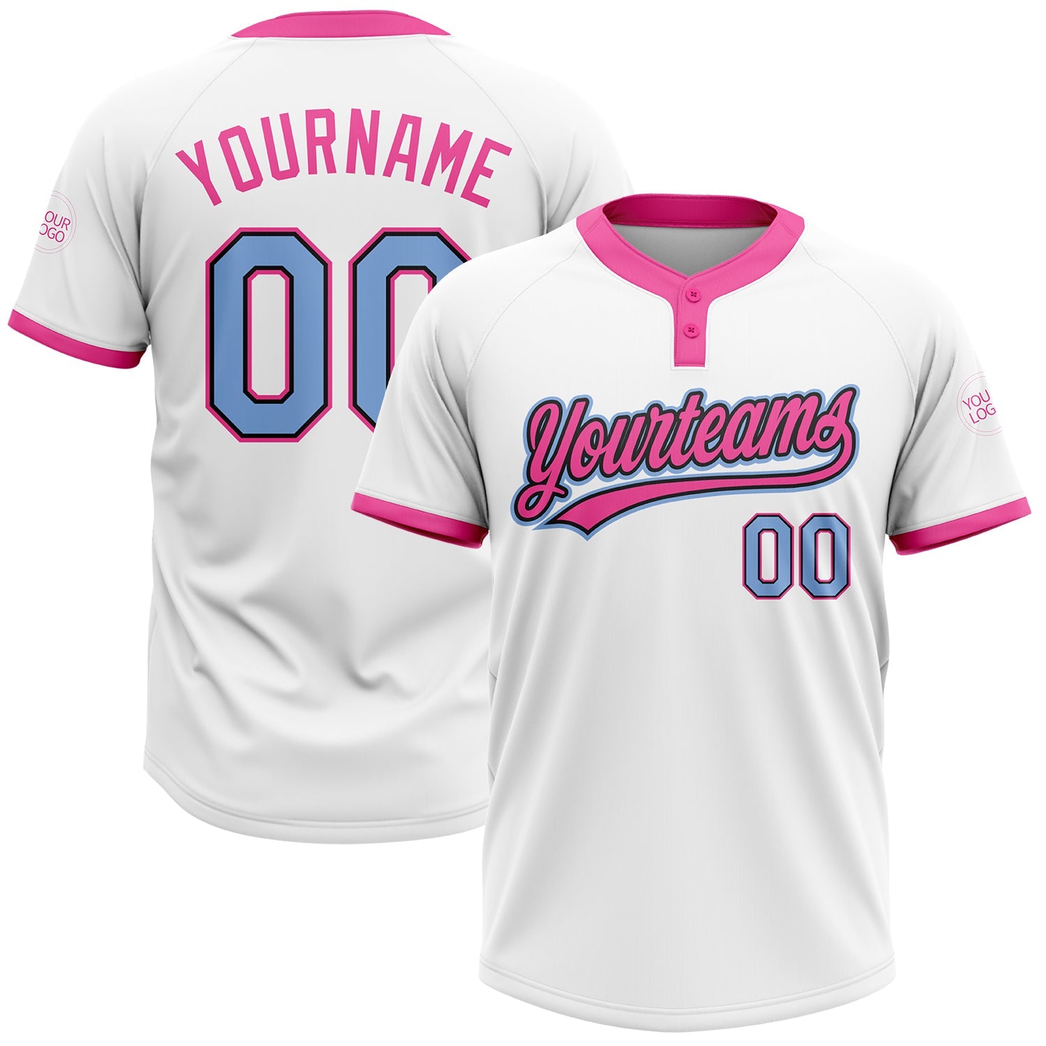Custom White Light Blue Black-Pink Two-Button Unisex Softball Jersey - Main View