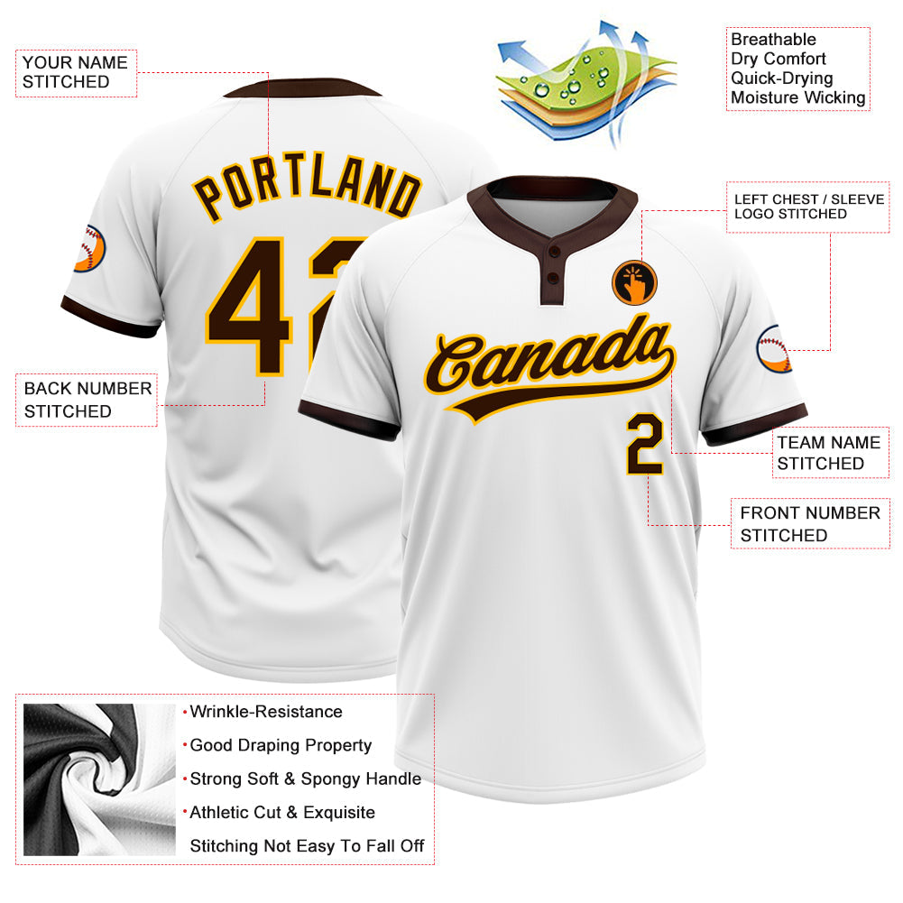 Custom White Brown-Gold Two-Button Unisex Softball Jersey view 3