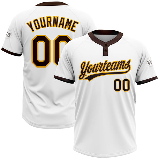 Custom White Brown-Gold Two-Button Unisex Softball Jersey - Main View