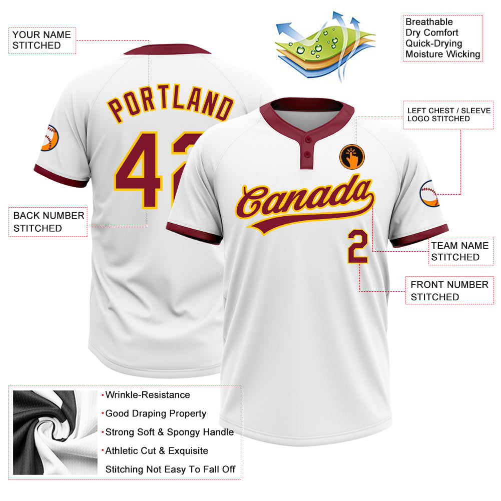 Custom White Crimson-Gold Two-Button Unisex Softball Jersey view 3