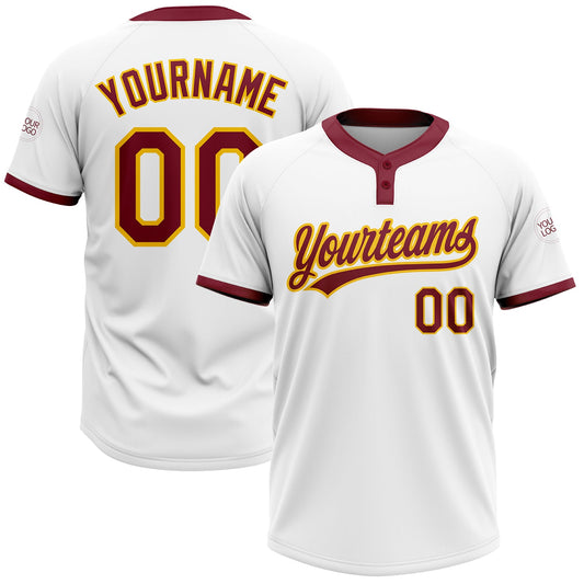 Custom White Crimson-Gold Two-Button Unisex Softball Jersey - Main View